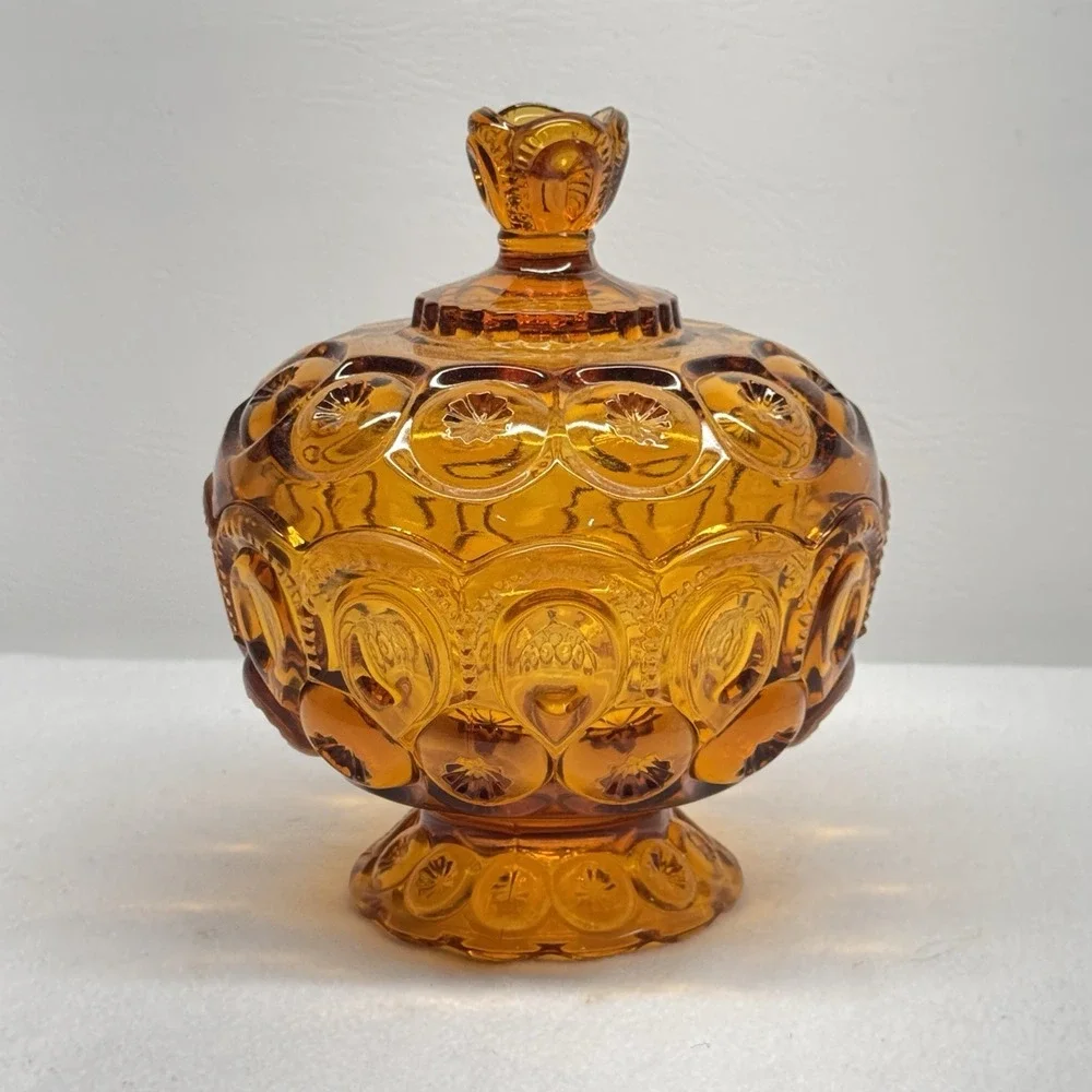 L.E. Smith Candy Dish Amber Vintage Moon and Star Glass Pedestal Lidded MCM Bowl